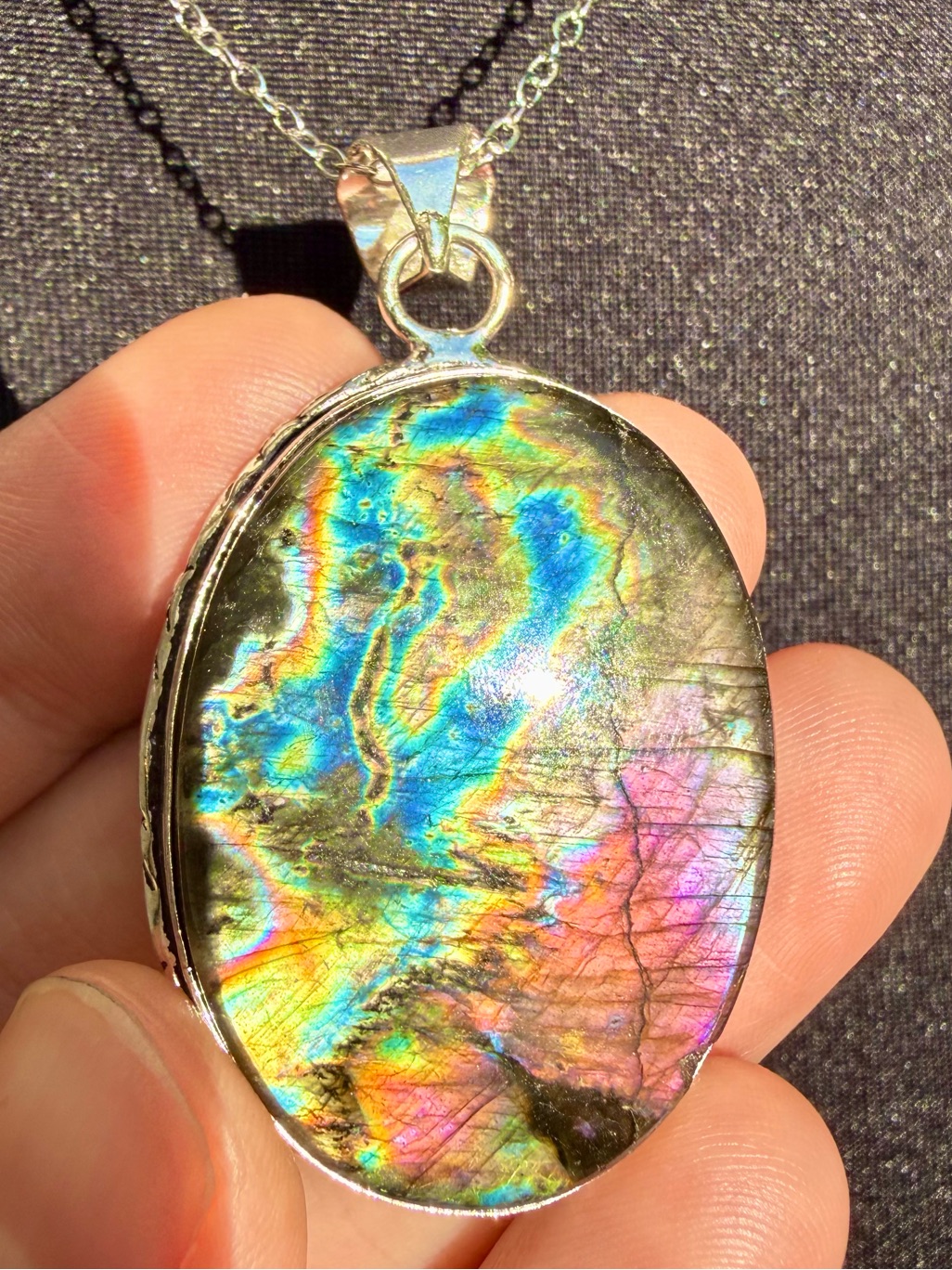 *Video* Rare Rainbow Oil Flashy Labradorite Necklace 925 Silver Stamped Pendant
